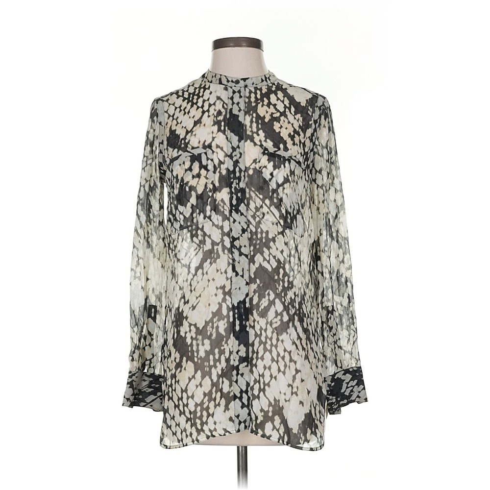 Vince Blouse Womens 2 Grey Cream Snakeskin Print Silk Blend Long Sleeve Top